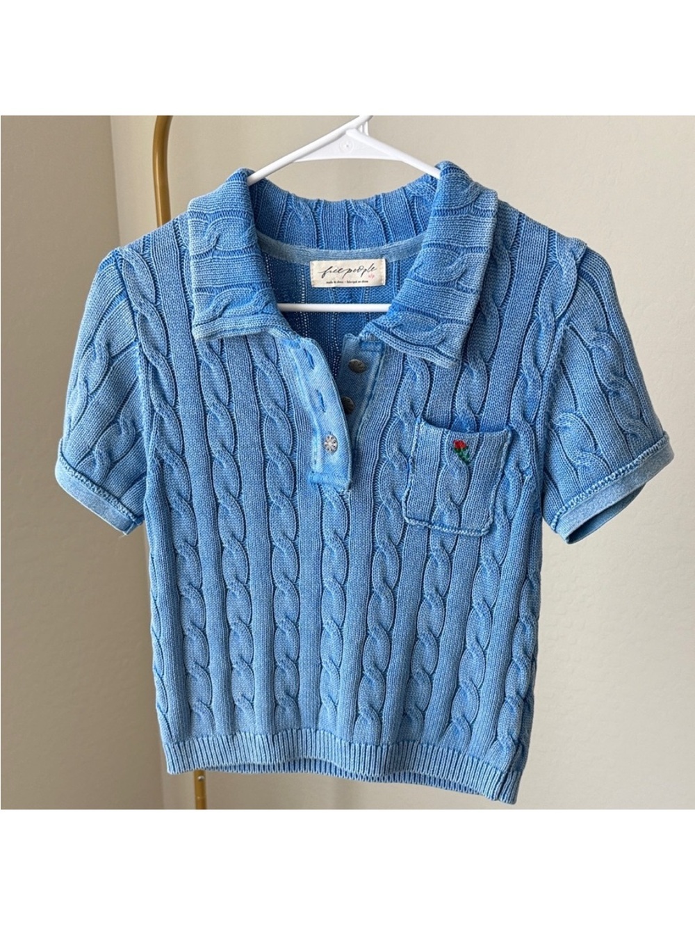Free People Light Blue Cable Knit Pocket Polo - Picture 2 of 4